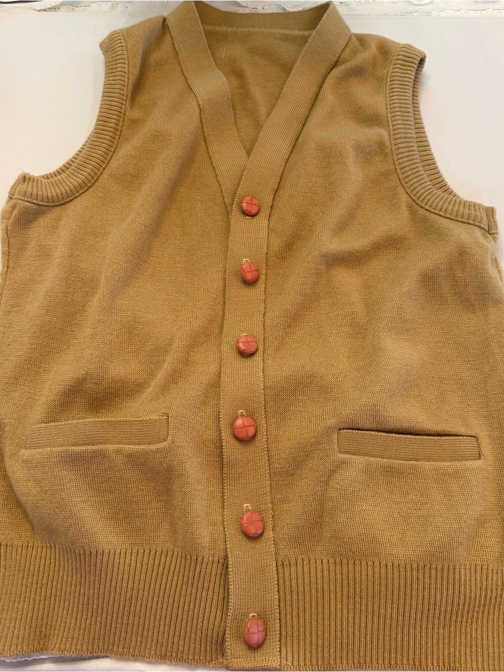 Vintage 1970s Brentwood Sportswear Acrylic Knit Cardigan Vest Camel Tan USA Med